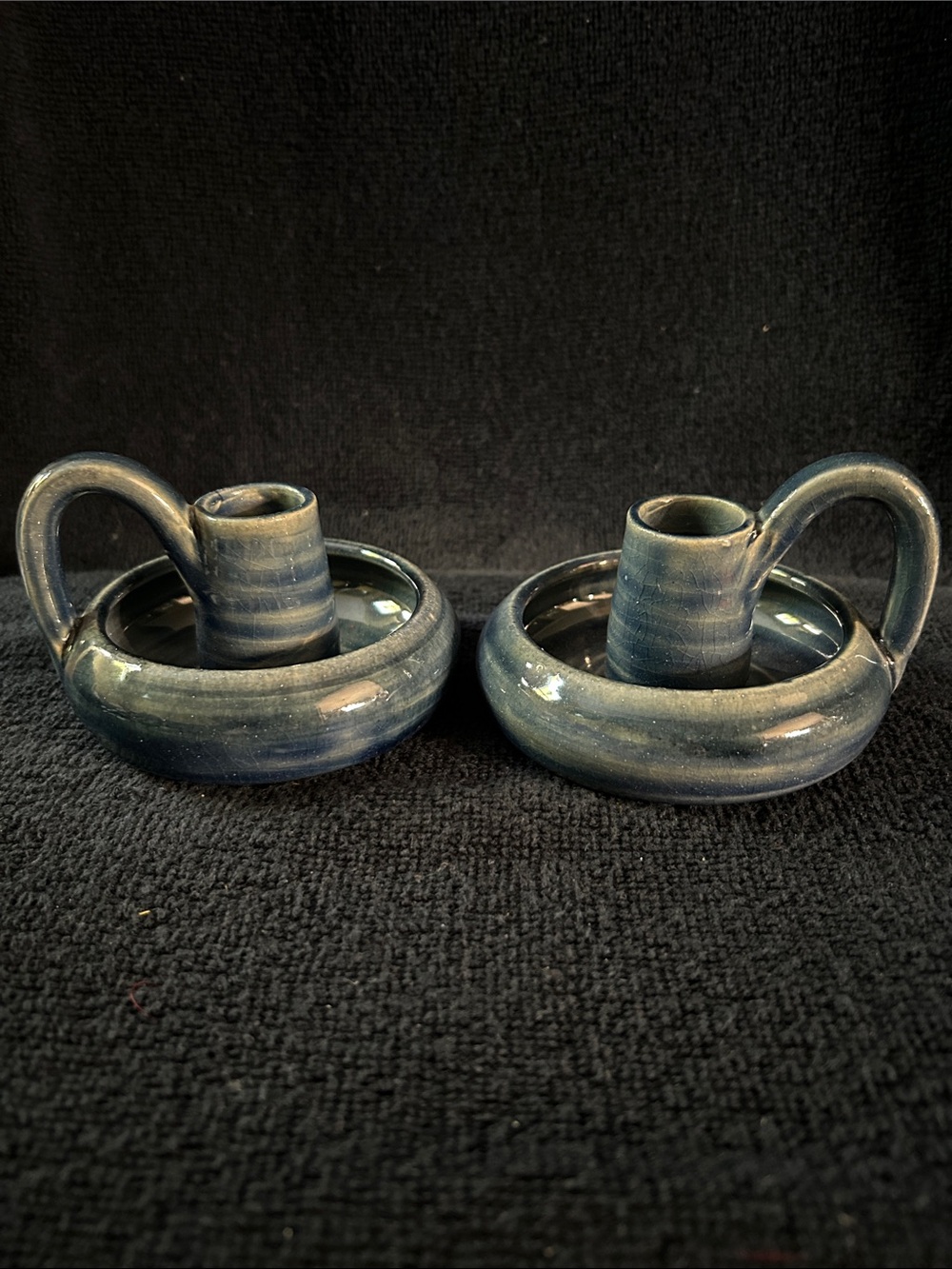 Ineke Pottery Pair of Handmade Blue Chamberstick Candle Holders w Finger Holes